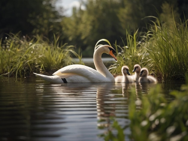 Beautiful swan with cubs family at the pond ai