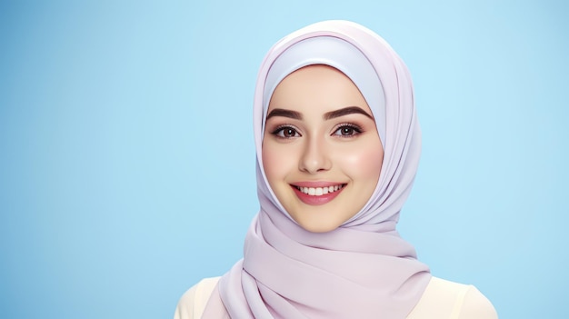 A beautiful sweet girl of Muslim appearance in a hijab on a plain light background AI generation