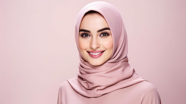 A beautiful sweet girl of Muslim appearance in a hijab on a plain light background AI generation