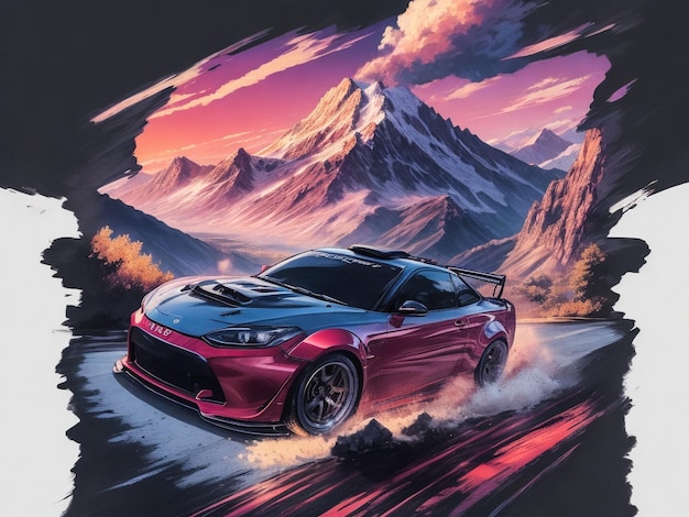 A beautiful t shirt design illustration car drifting mountain