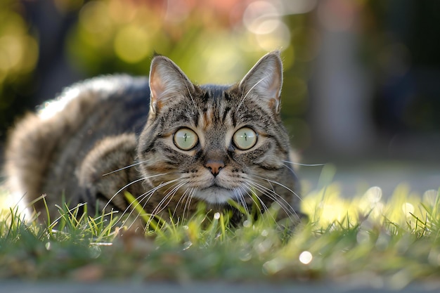 Beautiful tabby cat lying on the grass in the garden