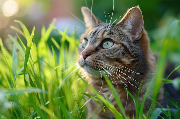 Beautiful tabby cat relaxing in green grass