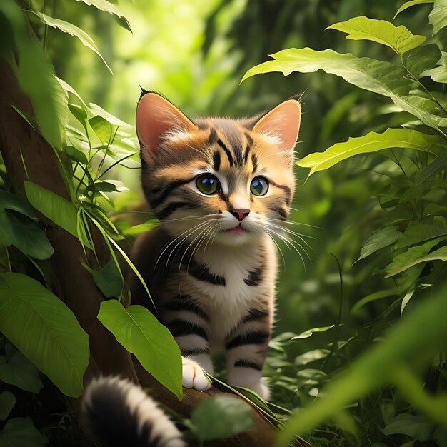 A beautiful tabby wild cat with yellow eyes hides among green plants in a dark forest in summer