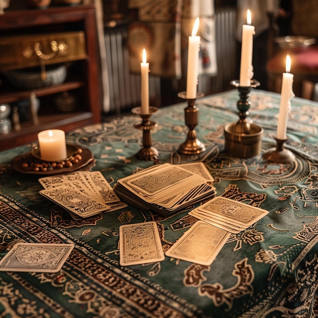 A beautiful table decorated for tarot card reading clean foto