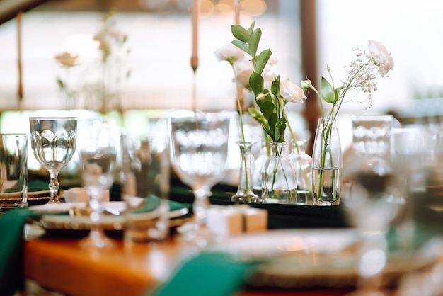 Beautiful table setting for a party wedding reception or other festive event emerald colour