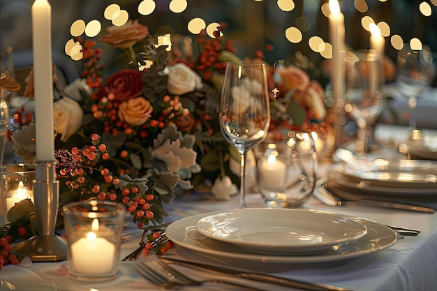 Beautiful table setting for wedding celebration in restaurant