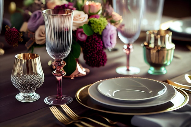 Beautiful table setting with crockery and flower