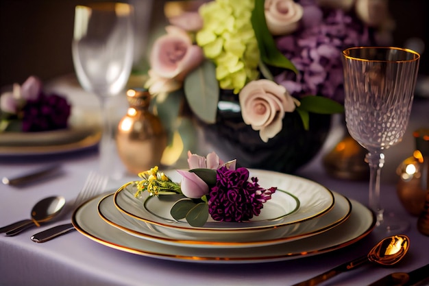 Beautiful table setting with crockery and flower