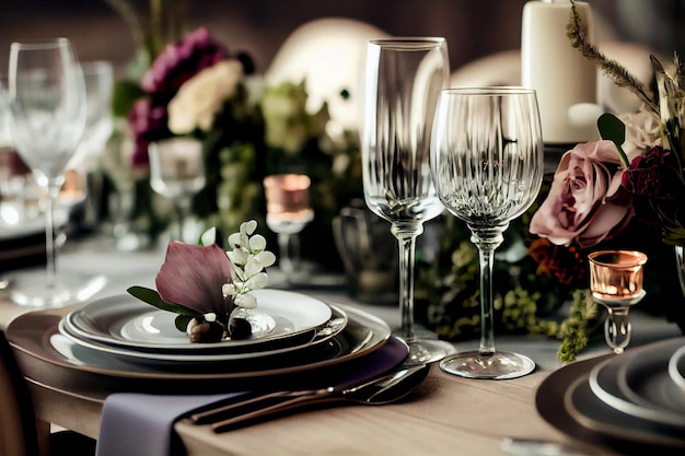 Beautiful table setting with crockery and flower