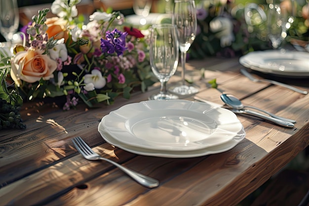 Beautiful Table Setting with Flowers and Cutlery on Wooden Table for Wedding or Dinner