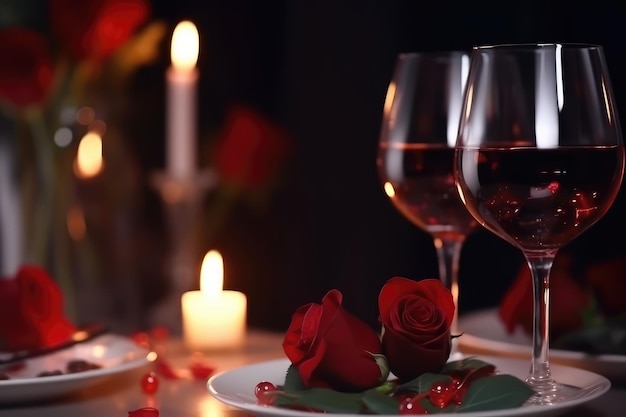 Beautiful table setting with glasses of wine candles and roses