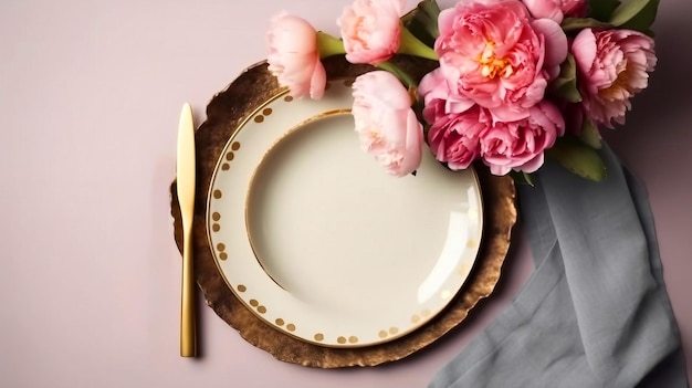 Beautiful table setting with golden cutlery and peony flowers