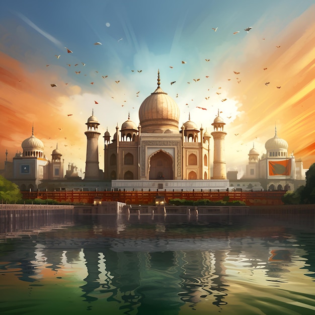 Beautiful Tajmahal with backdrop of Indian Tricolor Flag Birds and Nature