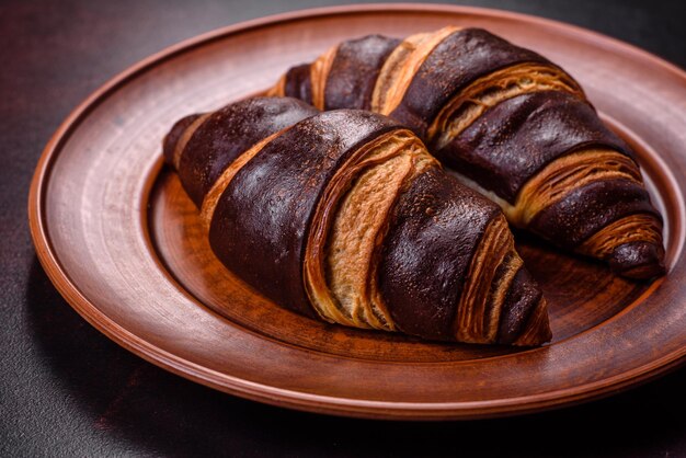 Beautiful tasty fresh crispy croissant on a dark concrete background Dessert for a delicious nutritious breakfast