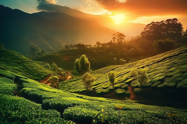 Beautiful tea plantations landscape at sunset