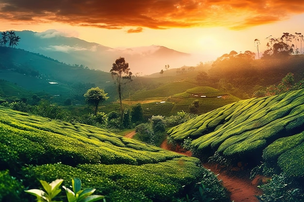 Beautiful tea plantations landscape at sunset