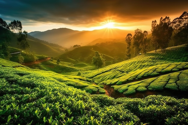 Beautiful tea plantations landscape at sunset