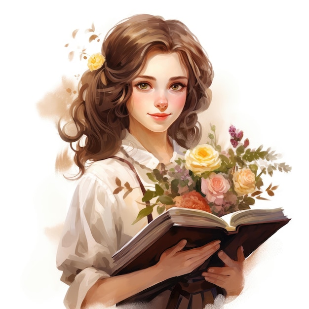 Beautiful teacher with a bouquet of flowers and a textbook