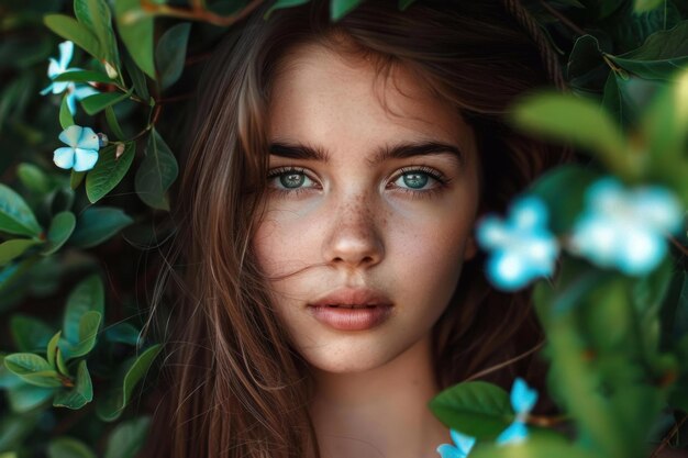 Beautiful teen girl with blue eyes posing among green leaves and blue flowers