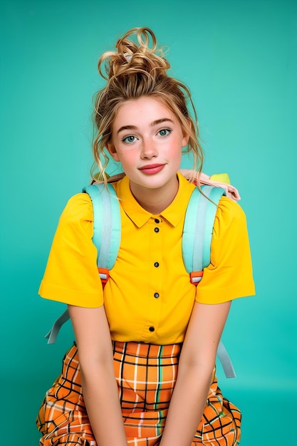 Beautiful teenage student posing with a backpack