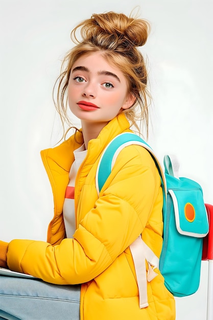 Beautiful teenage student with blonde hair holding a backpack