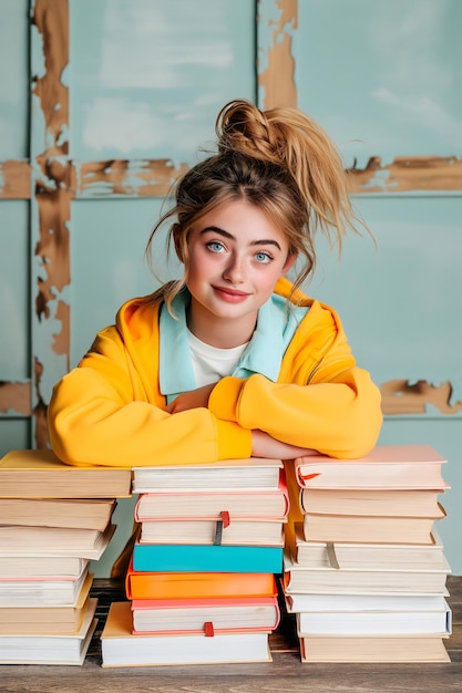 Beautiful teenage student with blonde hair and some books