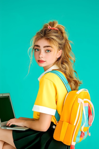 Beautiful teenage student with a laptop in computer class