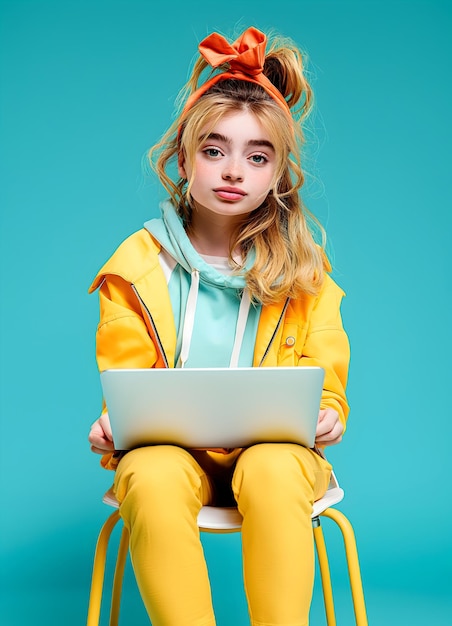 Beautiful teenage student with a laptop in computer class