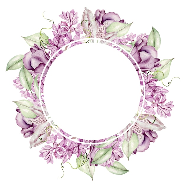 Beautiful tender  watercolor wreath with different flowers of hyacinth tulips violet Illustrationx