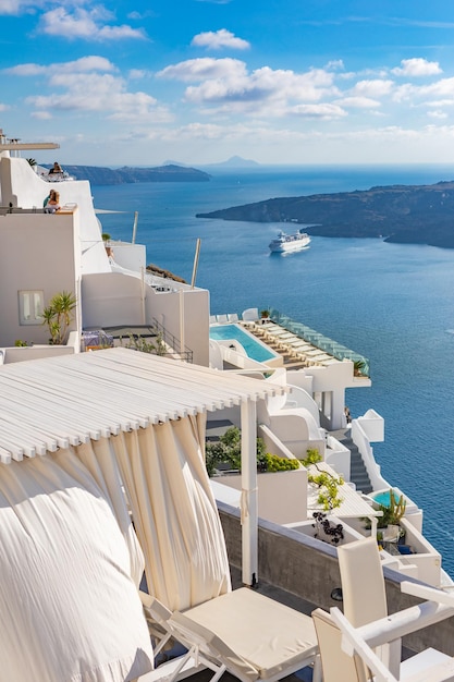 Beautiful terrace with sea view Santorini island Greece. White architecture and summer vacation vibe