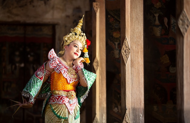 Beautiful Thai young woman portrait in Kinnaree traditional dress costume Art culture Thailand Dancing in masked khon Kinnaree in literature amayana, thailand culture Khon, Ayuttaya, Thailand .