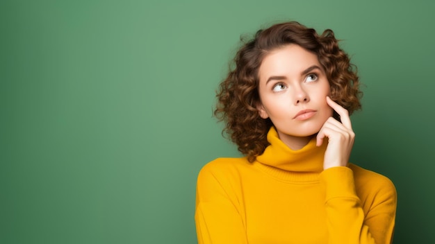 Photo beautiful thoughtful young woman wearing yellow sweater against green background copy space banner