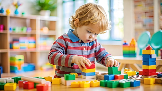 Beautiful toddler boy playing with construction blocks at kindergarten