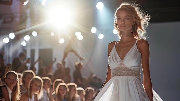 Beautiful top model girl in the fashion week runway wearing white dress