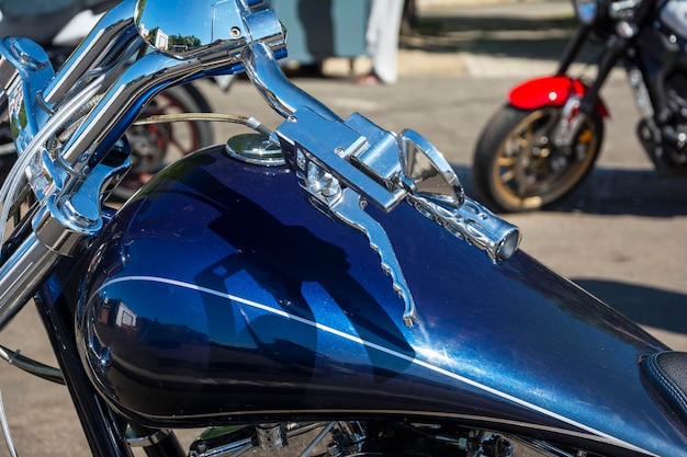 Beautiful top view of a motorcycle blue motorcycle gas tank motorcycle steering wheel Shining chrome