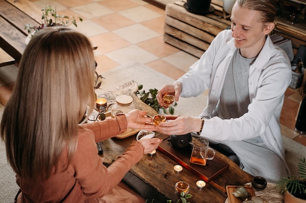 Beautiful traditional chinese tea ceremony with candle and decoration