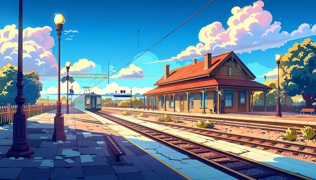 Beautiful train station background illustration in anime style