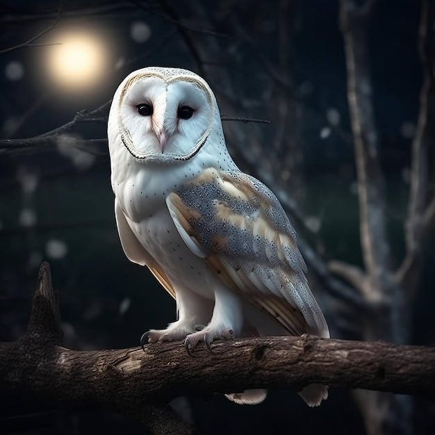 Beautiful tree branch white owlis perched atop at Generative AI