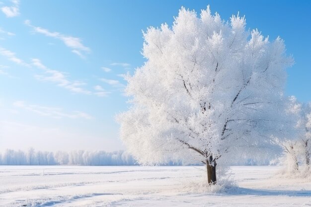 Beautiful tree covered with snow on winter day Space for text