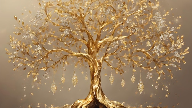 Beautiful Tree Made of Gold and Diamonds in Heaven background