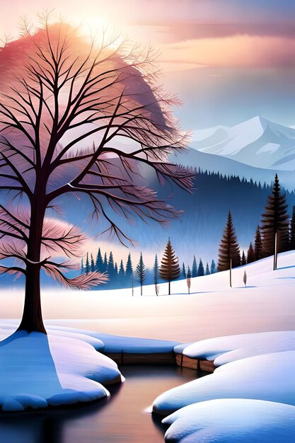 beautiful tree in winter landscape in late evening in snowfall digital art illustration painting