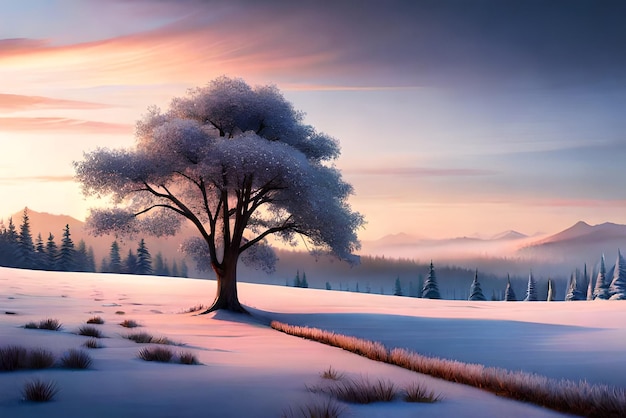 beautiful tree in winter landscape in late evening in snowfall digital art illustration painting