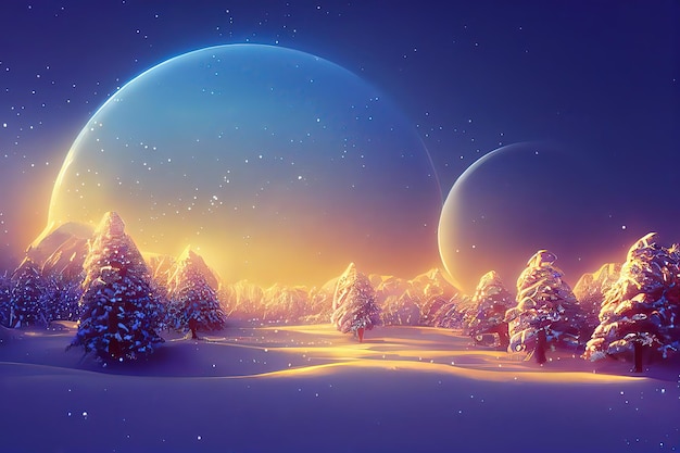 Beautiful tree in winter landscape in late evening in snowfall digital art illustration painting