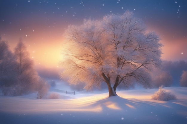 beautiful tree in winter landscape in late evening in snowfall digital art illustration