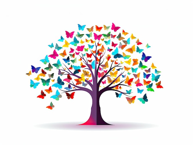 Beautiful tree with colorful butterflies as leaves simple style on white background Generative AI