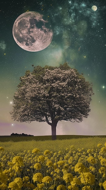 Beautiful tree yellow flower blossom with milky way 8K