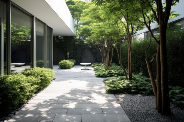 Beautiful treelined walkway connecting two buildings