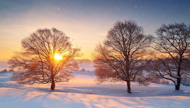 beautiful trees in winter landscape at sunset in snowfall