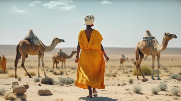 beautiful tribal woman and and wild animals in desert