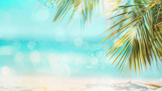 Beautiful tropical background with palm leaves and sand closeup Summer mockup for presentation